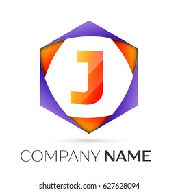 Letter J vector logo symbol in the colorful hexagonal on grey background. Vector template for your design