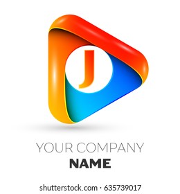 Letter J vector logo symbol in the colorful triangle on grey background. Vector template for your design