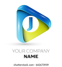 Letter J vector logo symbol in the colorful triangle on grey background. Vector template for your design