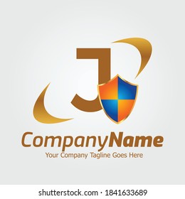 Plantilla de logotipo vectorial de carta J, logotipo de letra colorida J, plantilla de vector de diseño de logotipo Escudo. Símbolo de defensa de protección, compañía de protección Logoype.