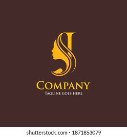 Letter J vector logo template of initial logo and identity with woman hair, face and leaf silhouette ornament.