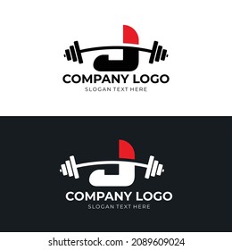 Letter J vector logo template, letter J with barbell logo in trendy flat style, fitness logo
