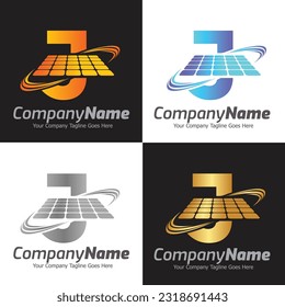 Plantilla del logotipo del vector de la letra J, logotipo de la letra colorida J, diseño del logotipo de la potencia solar, logotipo del panel solar, energía renovable, marca de energía solar