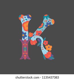 Letter "J" for very decocative alphabet for Day ot the Dead in Mexica, for piraten party or Halloween. It сonsists of a bone decorated with flowers situated on the dark backgroud. 