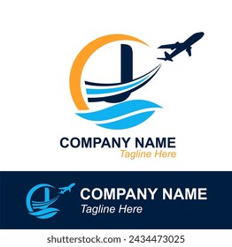 Letra J con logotipo de Onda y Avión Volador para Agencia de Viajes. Logotipo de diseño vectorial para etiqueta de transporte de viajes, turismo, publicidad de la compañía de vuelos