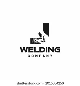 Letter J welding logo, welder silhouette working with weld helmet in simple and modern design style