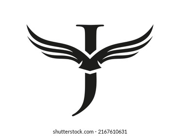Letter J Wing Logo Design. Initial Flying Wing J Letter Logo. Letter J Wings Symbol Concept