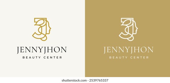 Letter J with Woman Face Icon Logo Design. Woman Face Logo on Letter J. Letter J Symbol for Beauty Spa Woman Face Icon Identity. Alphabet Vector Illustration