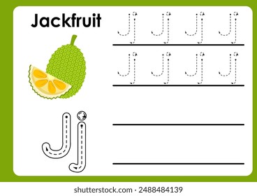 Buchstabe j Arbeitsblatt mit Jack Frucht. Alphabet Tracing Activity Workbook im farbenfrohen, niedlichen illustrativen Stil