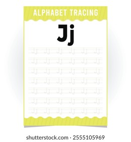 letter J for writing practice. English alphabet tracing practice worksheets, educational letters dot tracing pattern For children in kindergarten