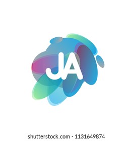 Letter JA logo with colorful splash background, letter combination logo design for creative industry, web, business and company.