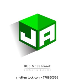 Letter JA logo in hexagon shape and green background, cube logo with letter design for company identity.
