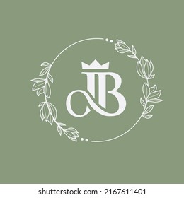 Letter Jb With Crown With Hand Drawn Floral Wreath Leaves Circle Frame Vector Illustration