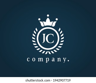 Letter JC, CJ, and J or C heraldic logo in wreath, round frame. Elegant, luxury monogram for a card, badge, label, antique, restaurant, cafe, boutique, hotel, jewelry, brand name, identity, product.