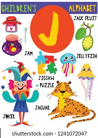 Letter J.Cute children's alphabet with adorable animals and other things.Poster for kids learning English vocabulary.Cartoon vector illustration.