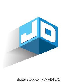 Letter JD logo in hexagon shape and blue background, cube logo with letter design for company identity.
