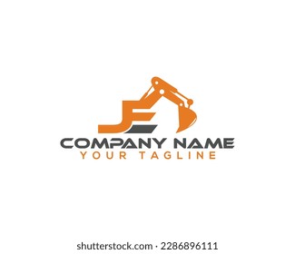 Letter JE Building With Excavator Logo Design Concept. Creative Excavators, Construction Machinery Special Equipment Vector Illustration.