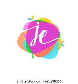 Letter JE logo with colorful splash background, letter combination logo design for creative industry, web, business and company.