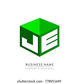 Letter JE logo in hexagon shape and green background, cube logo with letter design for company identity.
