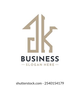 Letra JK House Logo para gerenciamento de propriedades de marca de negócios imobiliários JK. Iniciais modernas AA Logo Design