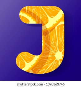 Letter J,made of orange fruit slices, isolated on a dark blue background, vector illustration