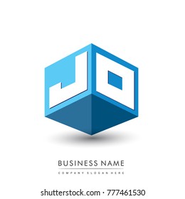 Letter JO logo in hexagon shape and blue background, cube logo with letter design for company identity.
