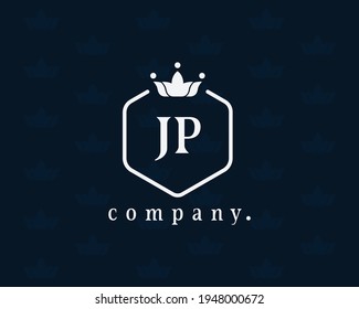 Letter JP, J or P royal crown logo design template elements. Elegant crest logo icon vector design. Creative badge design with king crown and shield for corporate and business. Queen symbol.