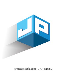 Letter JP logo in hexagon shape and blue background, cube logo with letter design for company identity.
