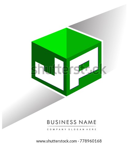 Letter JP logo in hexagon shape and green background, cube logo with letter design for company identity.
