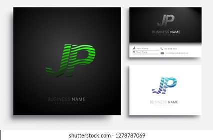 Letter JP logotype with colorful circle, with striped composition letter, sets of business card for company identity, creative industry, web.