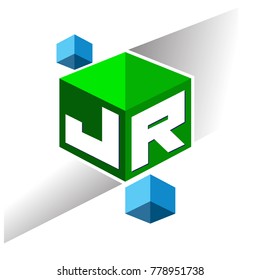 Letter JR logo in hexagon shape and green background, cube logo with letter design for company identity.
