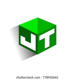 Letter JT logo in hexagon shape and green background, cube logo with letter design for company identity.
