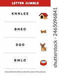 Letter jumble write the correct name for cute dog kennel bone and water bowl pet worksheet