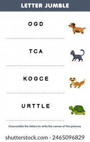 Letter jumble write the correct name for cute dog cat gecko and turtle pet worksheet