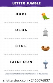 Letter jumble write the correct name for cute bird cage nest and fountain pet worksheet