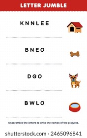 Letter jumble write the correct name for cute dog kennel bone and water bowl pet worksheet