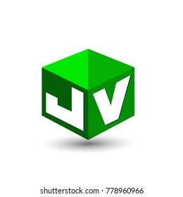 Letter JV logo in hexagon shape and green background, cube logo with letter design for company identity.
