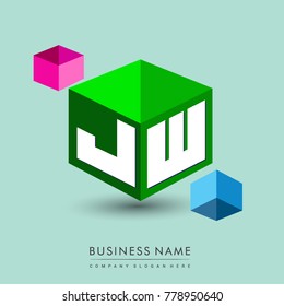 Letter JW logo in hexagon shape and green background, cube logo with letter design for company identity.
