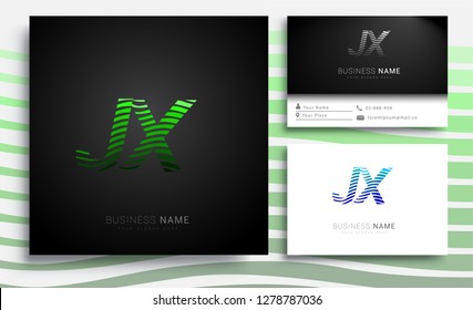 Letter JX logotype with colorful circle, with striped composition letter, sets of business card for company identity, creative industry, web.