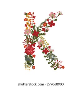 Letter K - 11 letter of the alphabet. Vector hand-drawn monogram composed of flowers, branches and leaves on a white background.