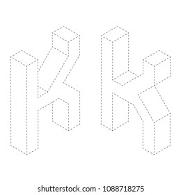 Letter K 3D isometric black and white alphabet font worksheet. coloring page for children education. connect the dots and restore dashed line game. Vector illustration.