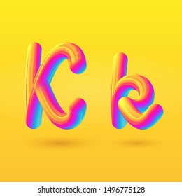 Letter K 3D vector. Liquid gradient shape on yellow background. Colorful hand draw alphabet for branding, logo, a set of words. Festive typography, childrens alphabet, uppercase letters