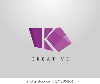 Letter K Abstract Gem Stone Logo. Creative K letter design with polygonal purple color on abstract stone shapes.