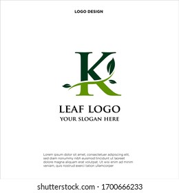 letter K with an abstract leaf and curved line, logo design, isolated on white background.