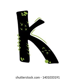 Letter K - abstract vector black font with green dots, stripes, lines, spots. Abc, alphabet isolated on white background. Perfect illustration for your design - print, poster, card, logo, label