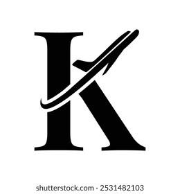 Letter K with Aeroplane symbol. K letter logo design for Airline, Tour and Travel agency. Ticket agency logo. Alphabet K logo silhouette