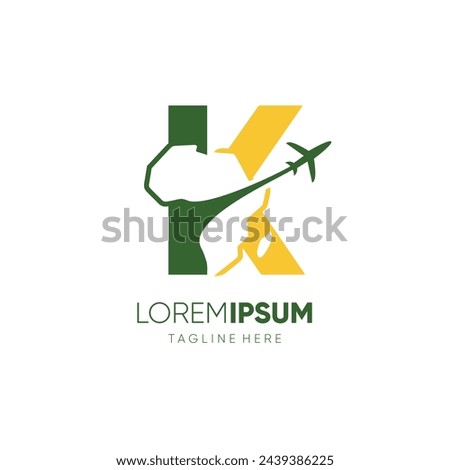 Letter K African Continent Map with Airplane for Travel Logo Design Vector Icon Symbol Graphic Illustration