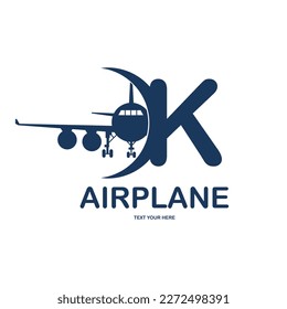 Letter K with airplane vector logo template. Fonts for event, promo, logo, banner, monogram and poster. Alphabet label symbol for branding and identity