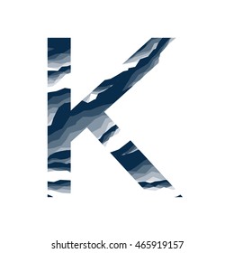 The letter K, in the alphabet abstract background marble, bark, mountain, stone layer  set dark blue shade color isolated on white background