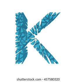 The letter K, in the alphabet broken 3d perspective set blue color isolated on white background